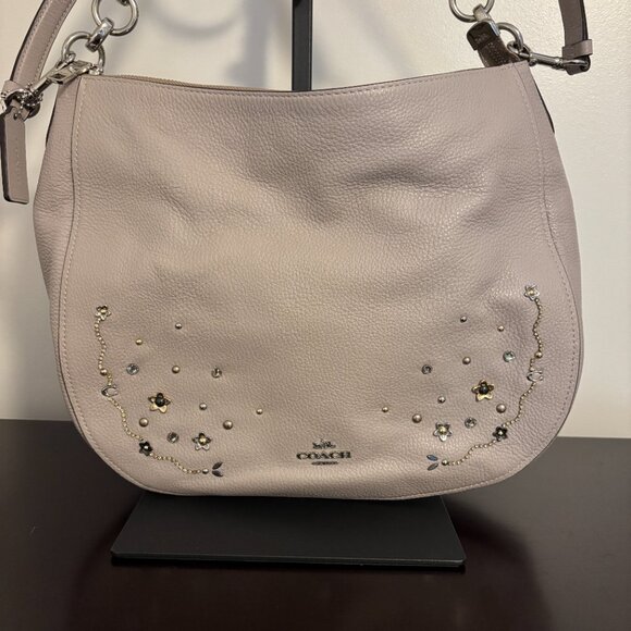 Coach Elle Hobo Taupe Gray Leather with Stardust Crystal Rivets - Picture 2 of 12